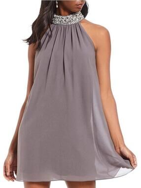 Badgley Mischka Gray Beaded Halter-Neck Chiffon Cocktail Dress, Size 2